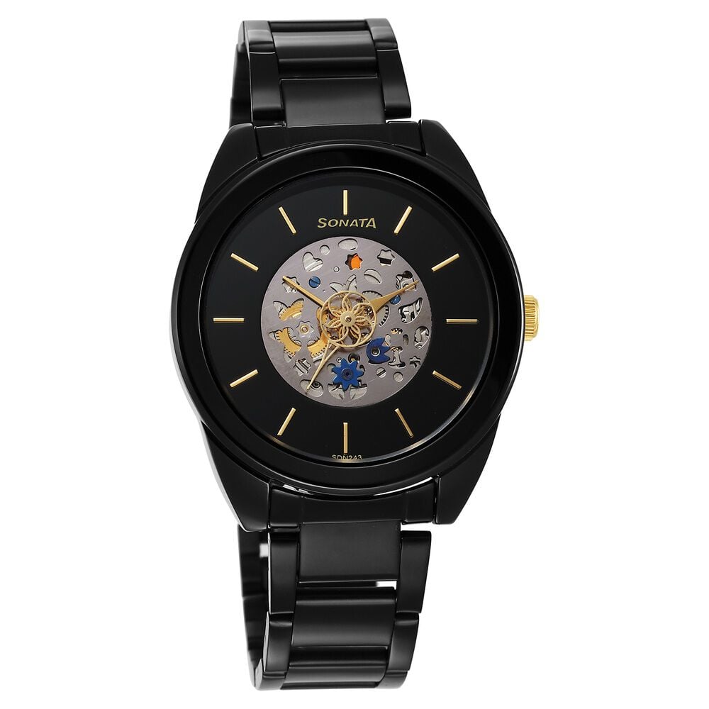 Sonata Unveil Quartz Multifunction Black Dial Stainless Steel Strap Watch for Women