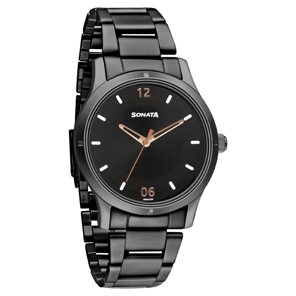 [8183nm02] Sonata Women of Steel Black Dial Stainless Steel Strap Watch for Women