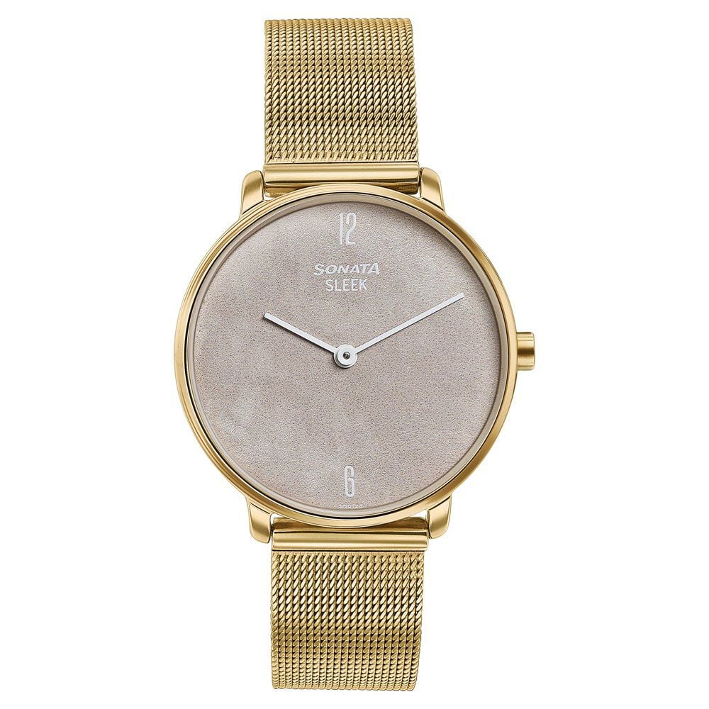 [8191ym01] Sonata Sleek Gold-Toned Mesh Bracelet Watch with Minimal Sundial Dial and Arabic Numerals