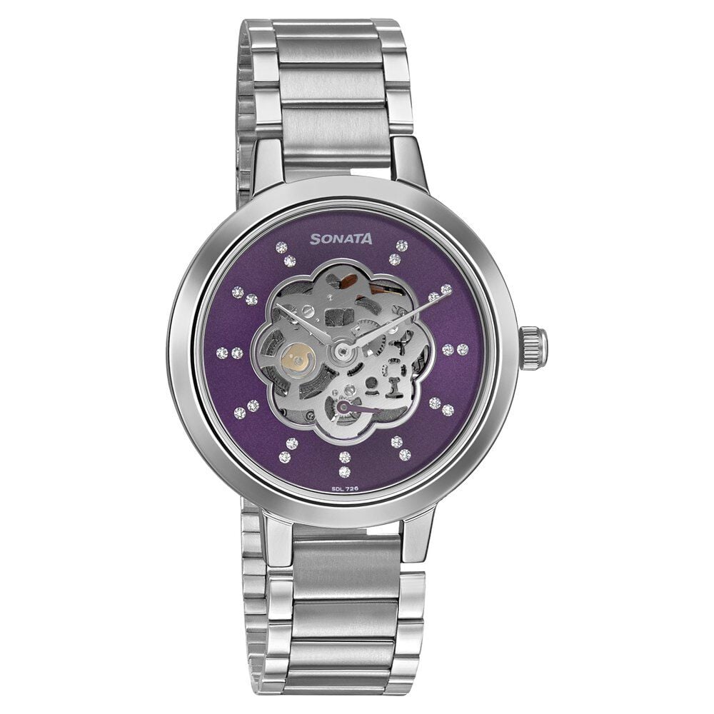 [8141sm13] Sonata Unveil Quartz Multifunction Purple Dial Stainless Steel Strap Watch for Women