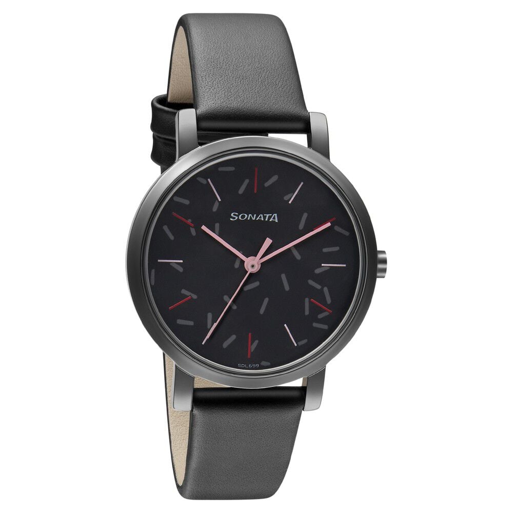 Sonata Play Black Dial Women Watch With Leather Strap
