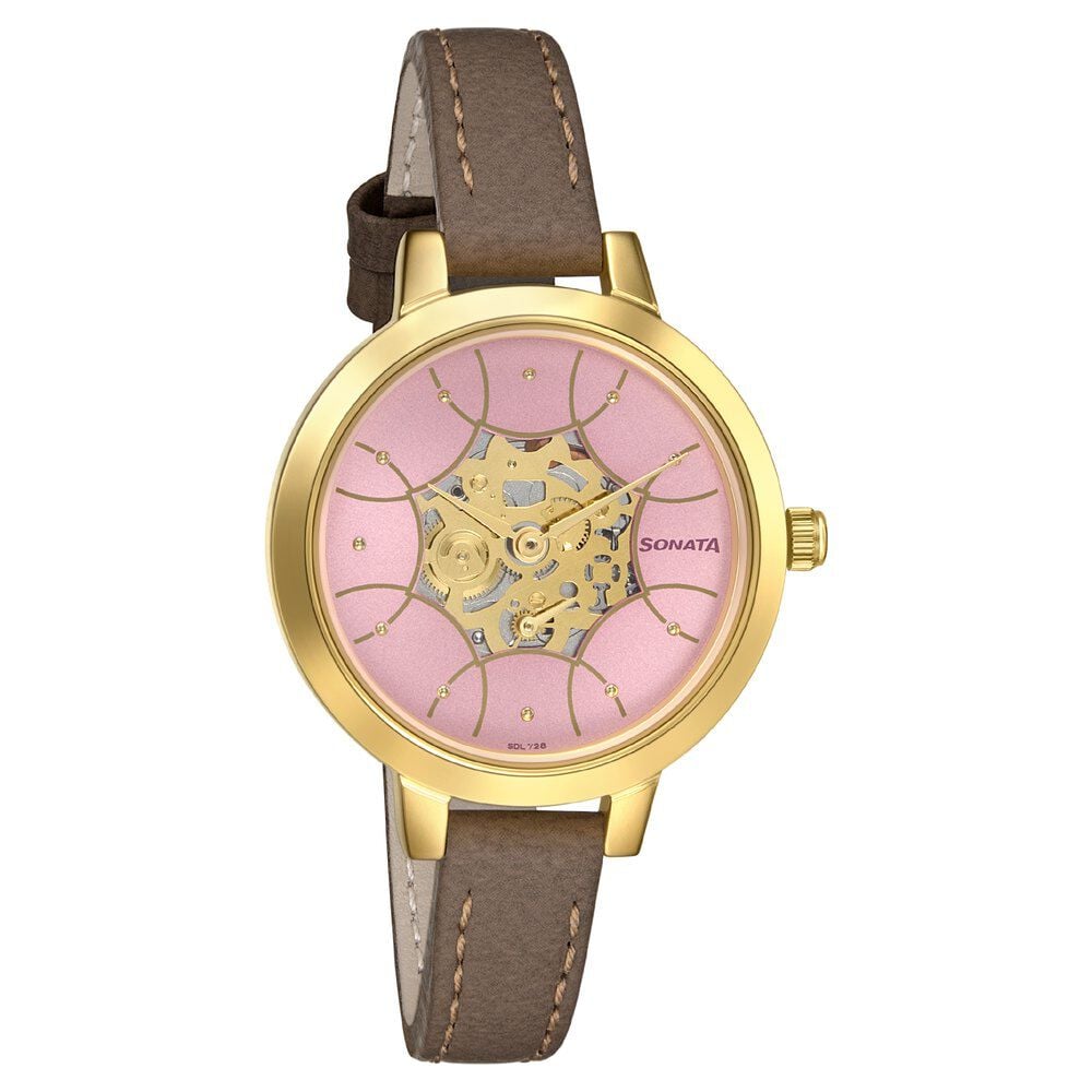 [8141yl02] Sonata Unveil Quartz Multifunction Leather Strap Watch for Women
