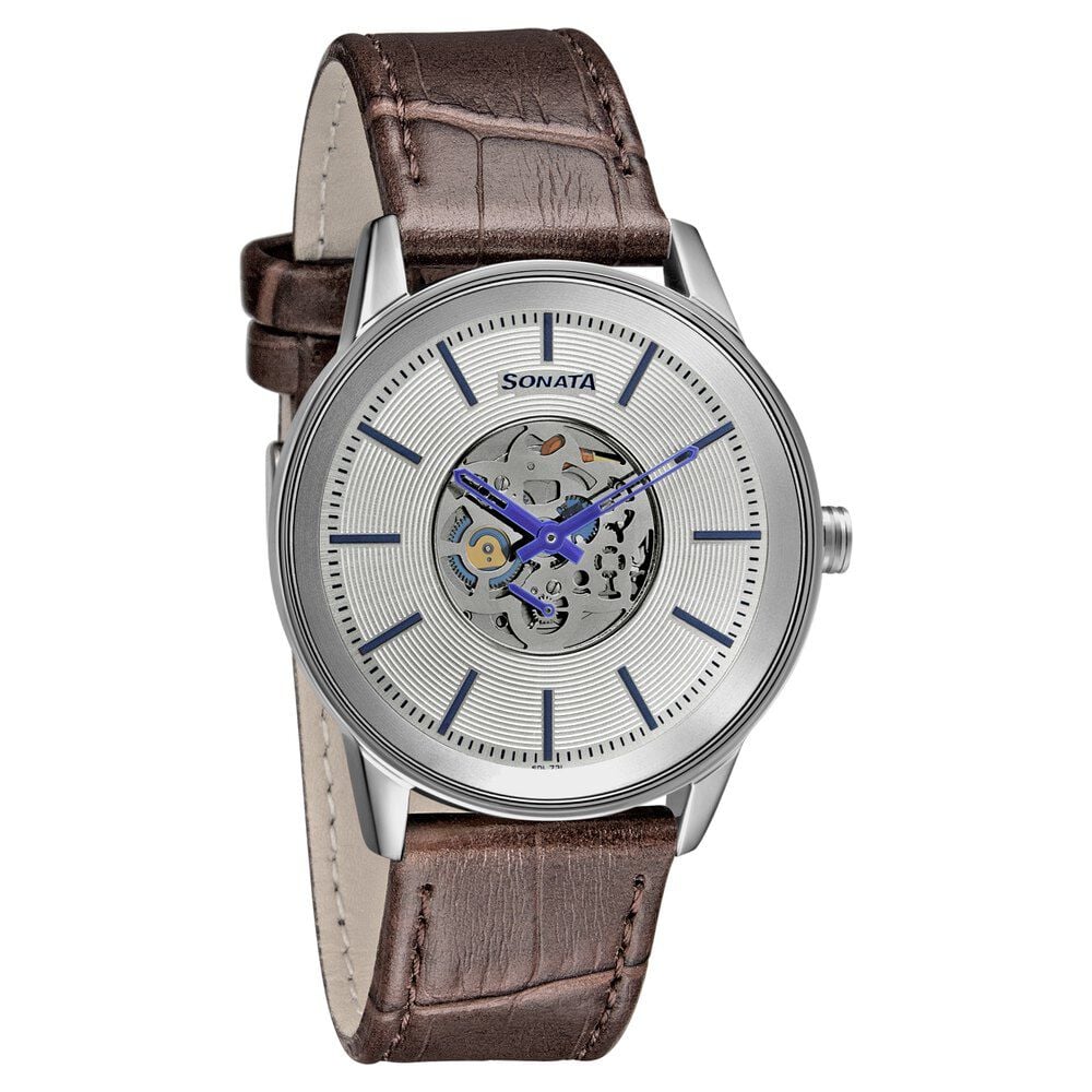 [7133SL01] Sonata Quartz Multifunction Silver Dial Leather Strap Watch for Men