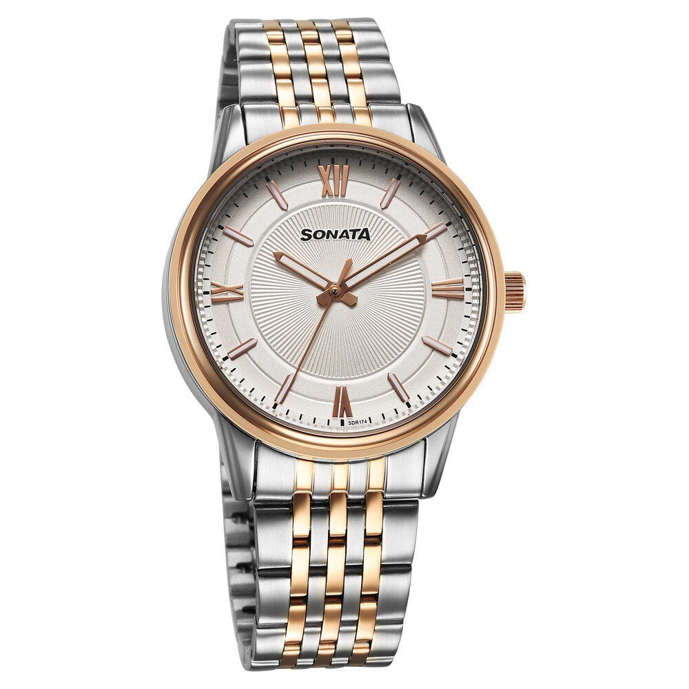 [77154km02] Sonata Wedding Quartz Analog Off White Dial Stainless Steel Strap Watch For Men