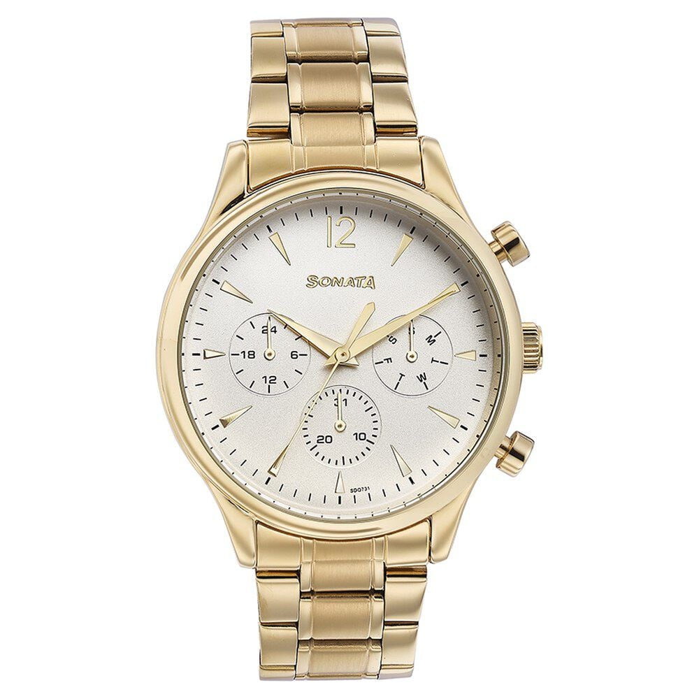 [77146ym01] Sonata Quartz Multifunction White Dial Golden Stainless Steel Strap Watch For Men