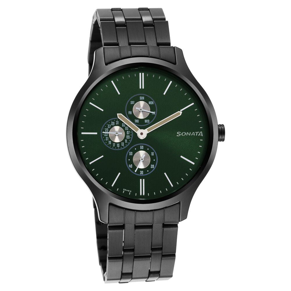 Sonata Quartz Multifunction Green Dial Stainless Steel Strap Watch for Men