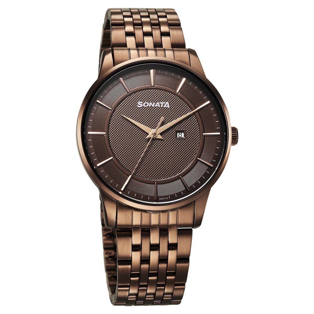 Sonata Wedding Quartz Analog Brown Dial Stainless Steel Strap Watch For Men