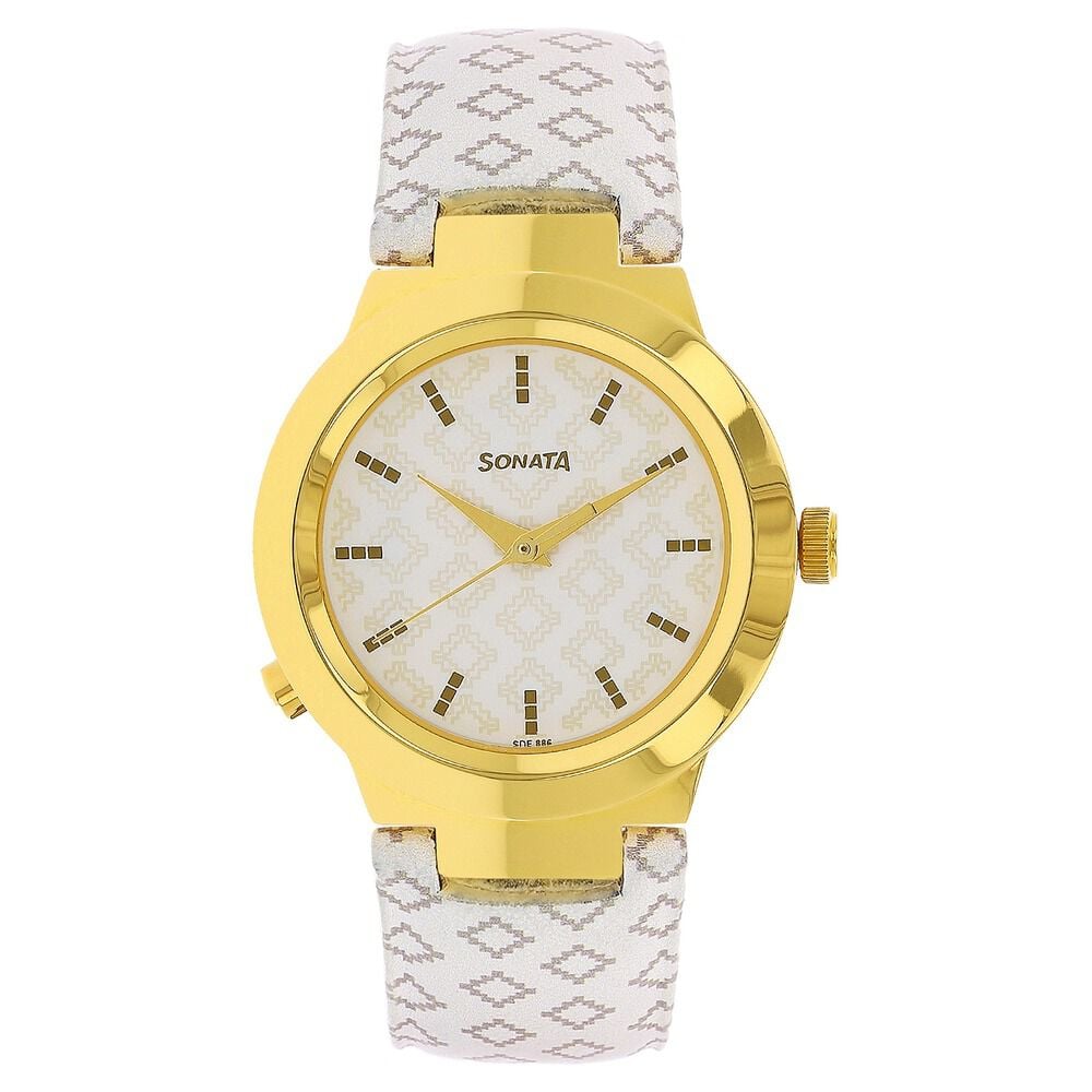 [90057yl01] Sonata Act Safety Watch White Dial Women Watch With Leather Strap