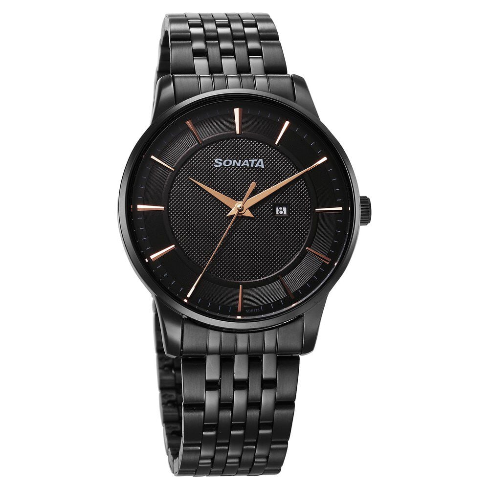 [77153nm01] Sonata Wedding Quartz Analog Black Dial Stainless Steel Strap Watch For Men