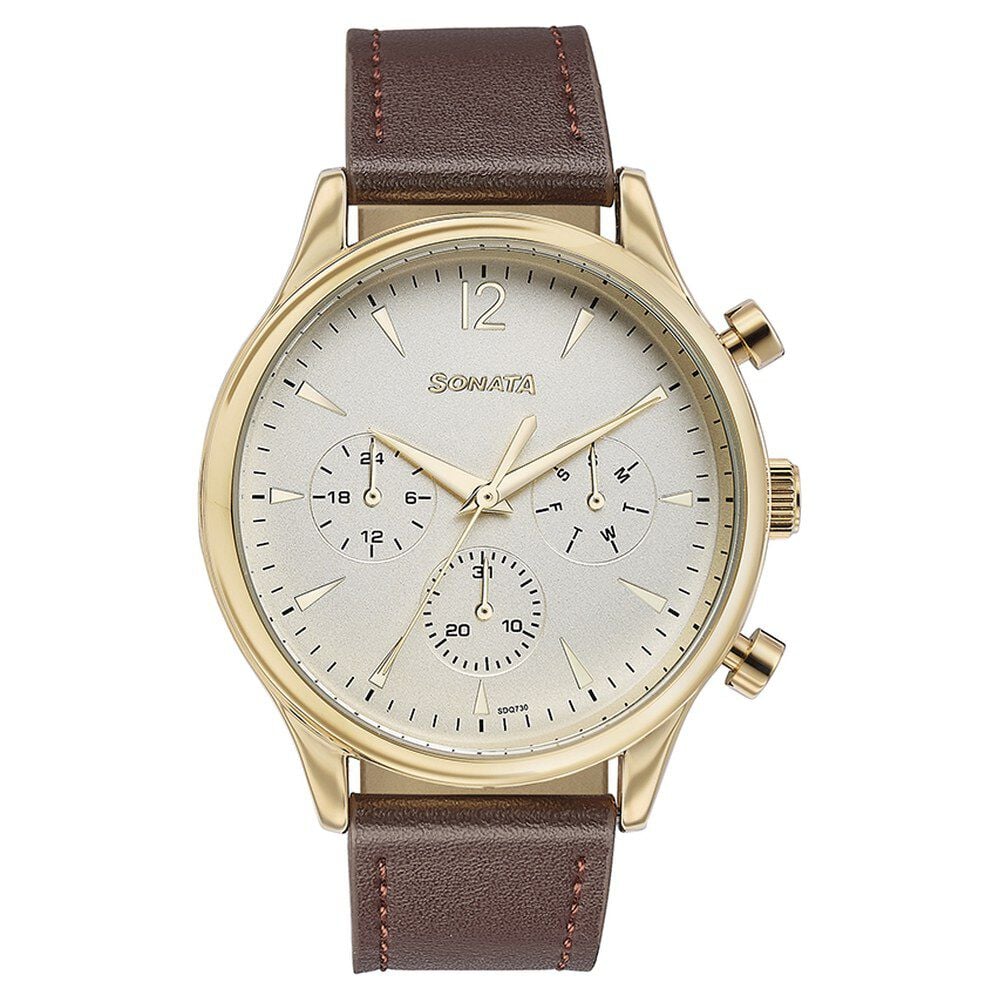 [77146yl01] Sonata Quartz Multifunction Golden Dial Brown Leather Strap Watch For Men