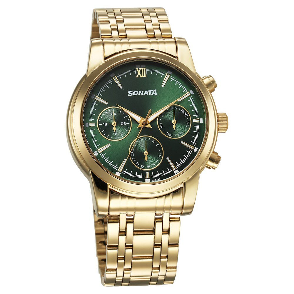 [77158ym01] Sonata Wedding Multifunction Green Dial Stainless Steel Strap Watch For Men