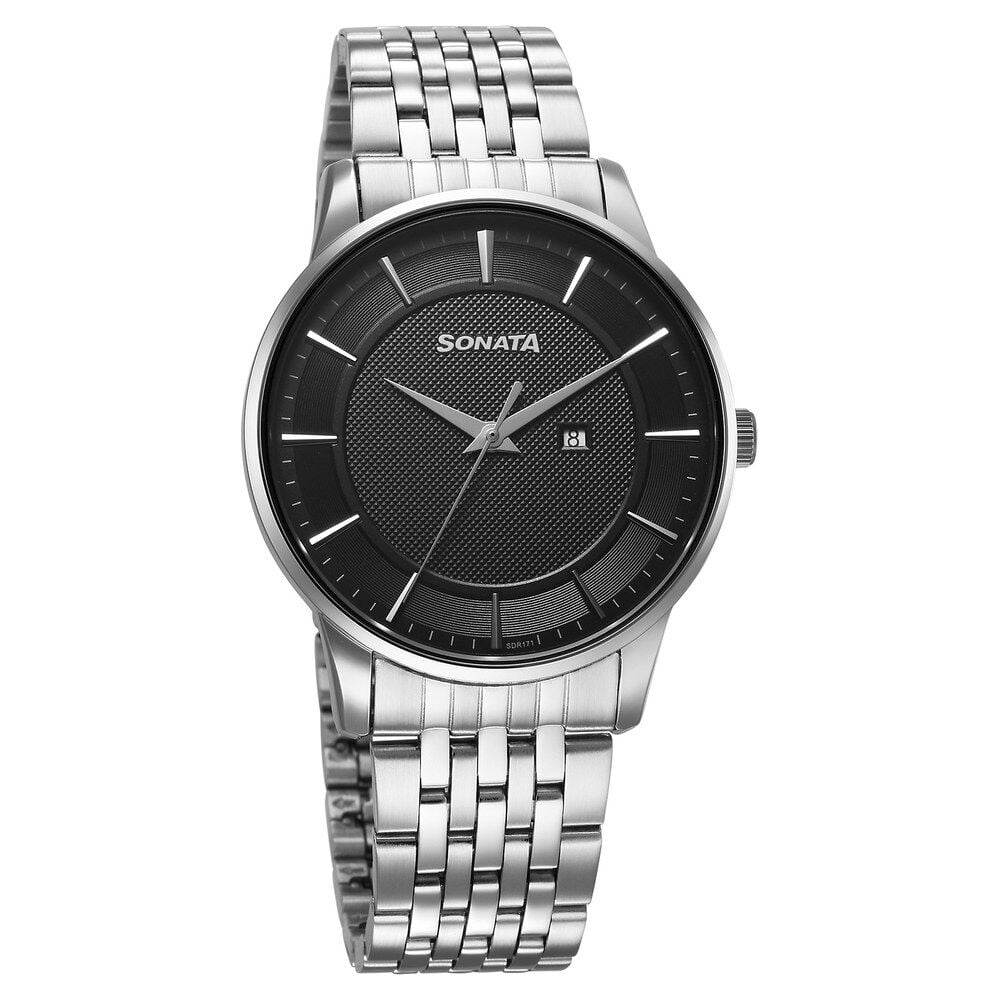 [77153sm01] Sonata Wedding Quartz Analog Black Dial Stainless Steel Strap Watch For Men