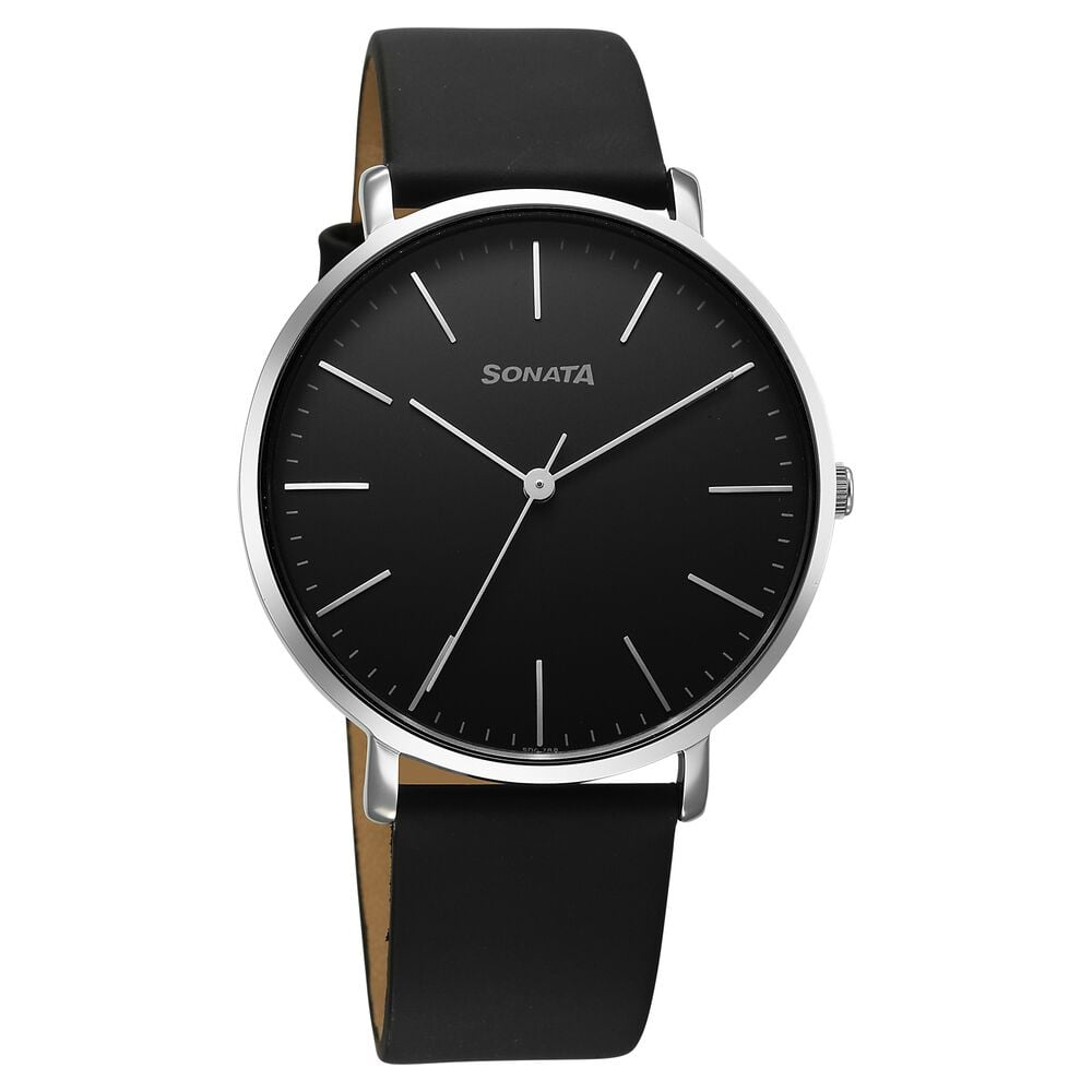 [77150sl02] Sonata Ascent Quartz Analog Black Dial Leather Strap Watch For Men
