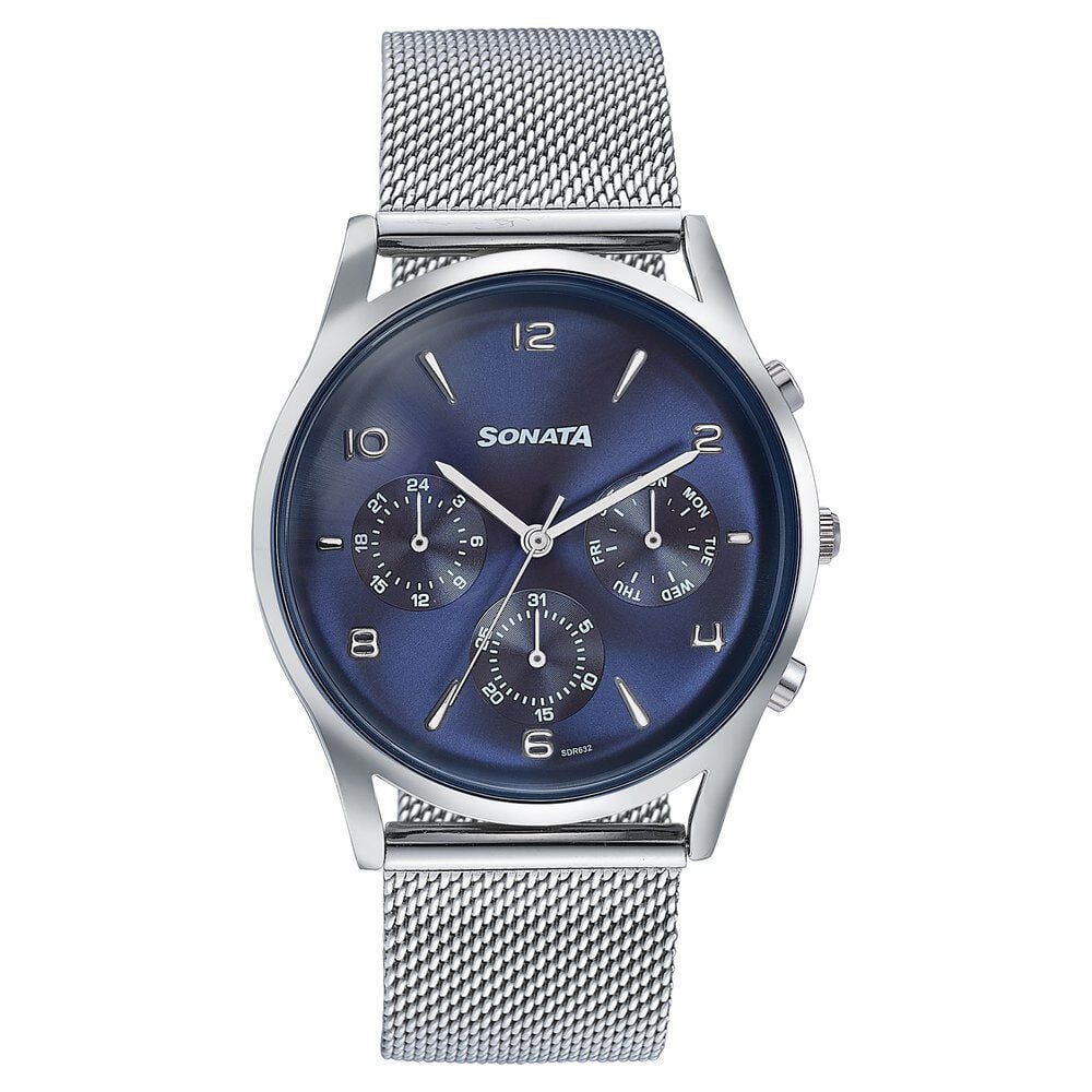 [77140SM02] Sonata Wedding Edit Quartz Multifunction Blue Dial Stainless Steel Strap Watch For Men