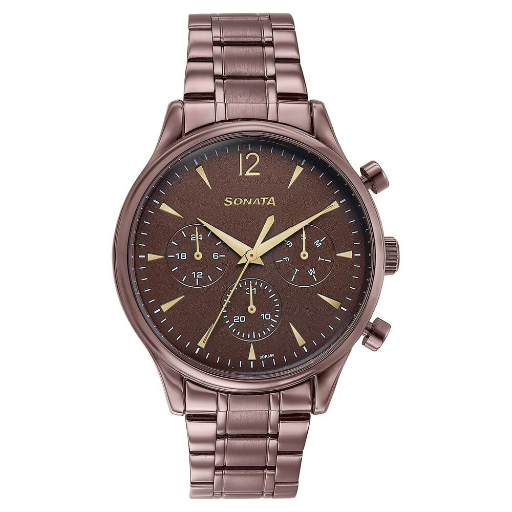 Sonata Wedding Edit Quartz Multifunction Brown Dial Stainless Steel Strap Watch For Men