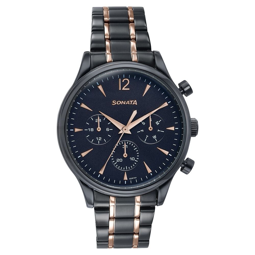 Sonata Wedding Edit Quartz Multifunction Black Dial Stainless Steel Strap Watch For Men