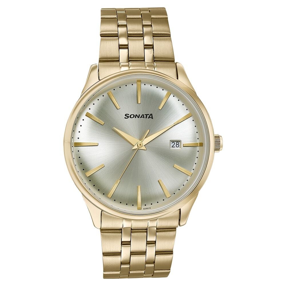 [77166ym01] Sonata Wedding Edit Quartz Analog with Date Golden Dial Stainless Steel Strap Watch For Men
