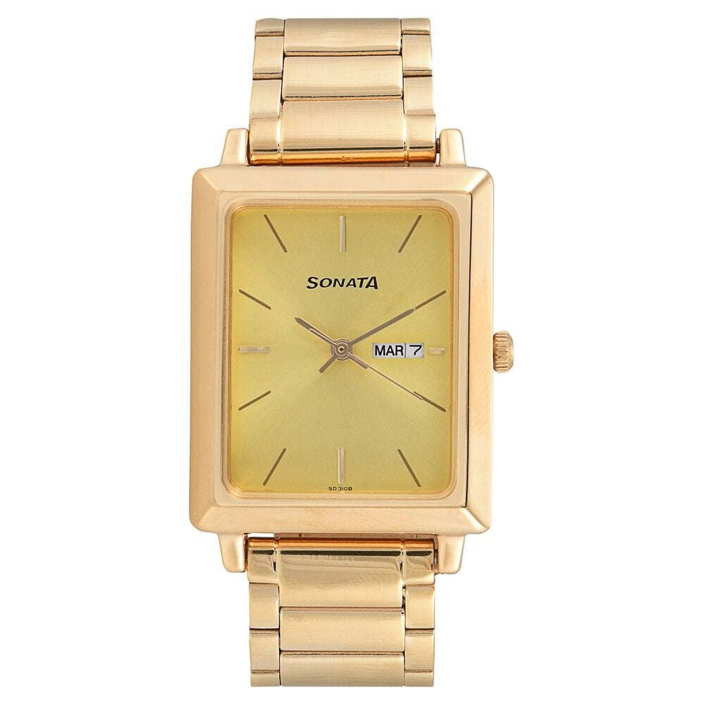 [7078ym04] Sonata Quartz Analog with Day and Date Champagne Dial Stainless Steel Strap Watch for Men