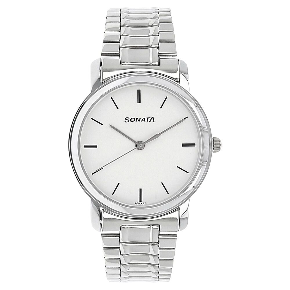 [1013sm01] Sonata Quartz Analog White Dial Stainless Steel Strap Watch for Men