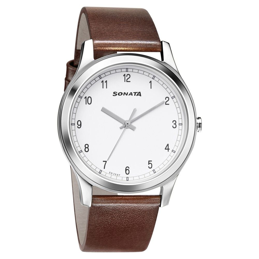 [7135sl03] Sonata Quartz Analog White Dial Leather Strap Watch for Men