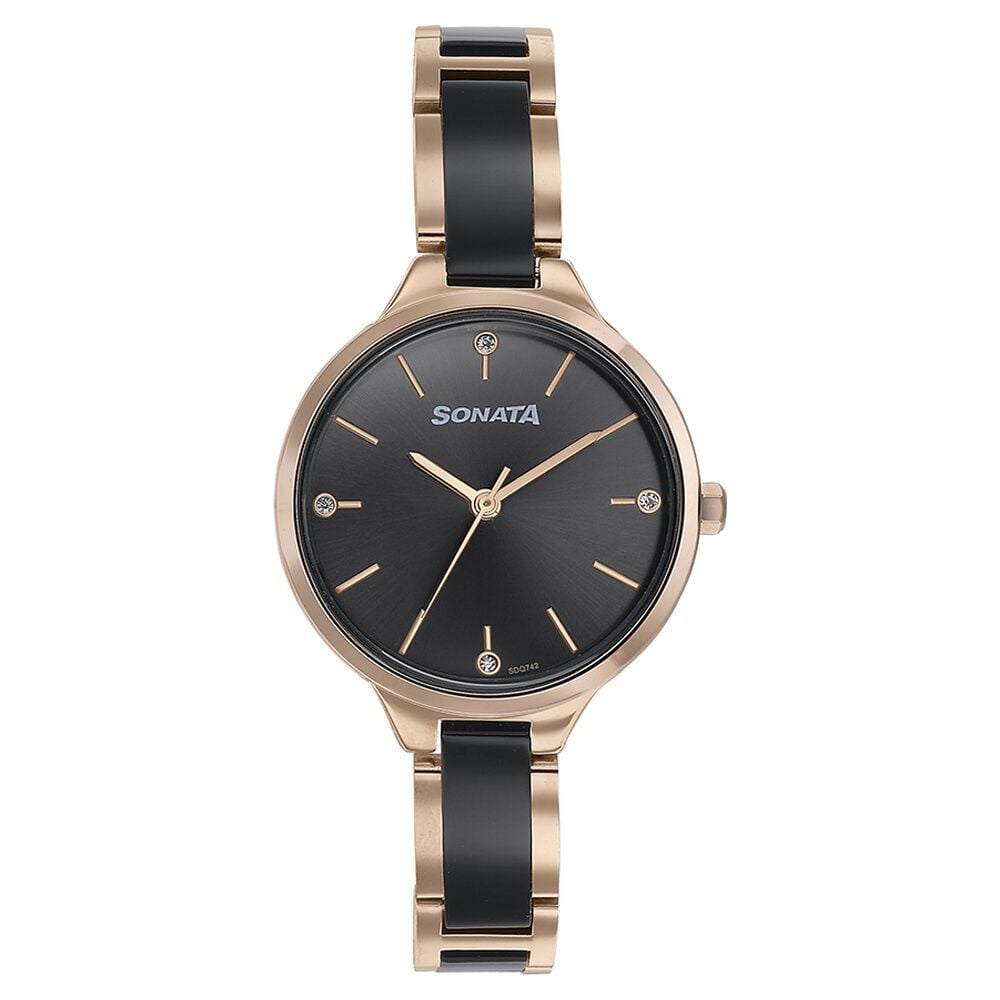 [87065kd01] Sonata Quartz Analog Black Dial Two Toned Stainless Steel Strap Watch For Women