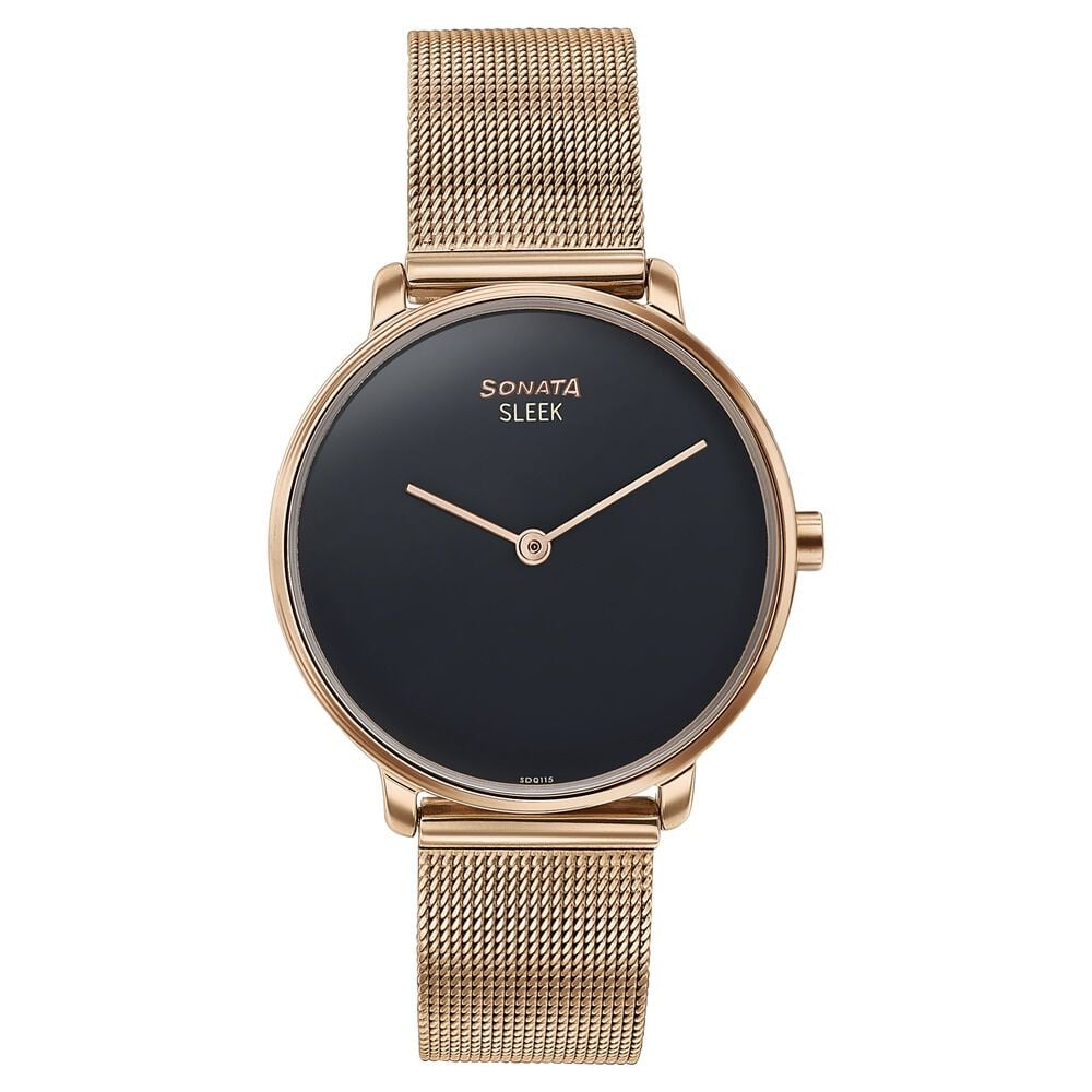 [8191WM01] Sonata Sleek Quartz Analog Black Dial Rose Gold Stainless Steel Strap Watch for Women