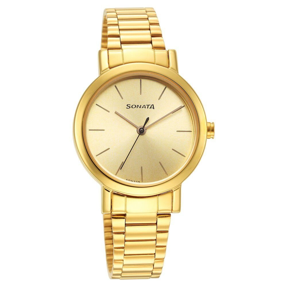 [8174ym03] Sonata Essentials Champagne Dial Stainless Steel Strap Watch for Women
