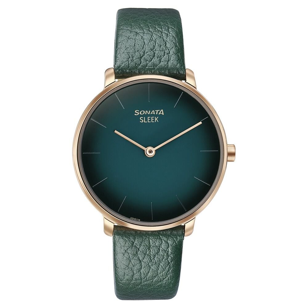 [8191wl01] Sonata Sleek Quartz Analog Green Dial Green Leather Strap Watch for Women