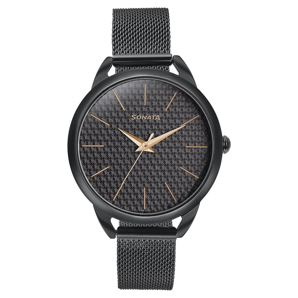 [87051nm01] Sonata Wedding Bling Quartz Analog Black Dial Black Stainless Steel Strap Watch for Women