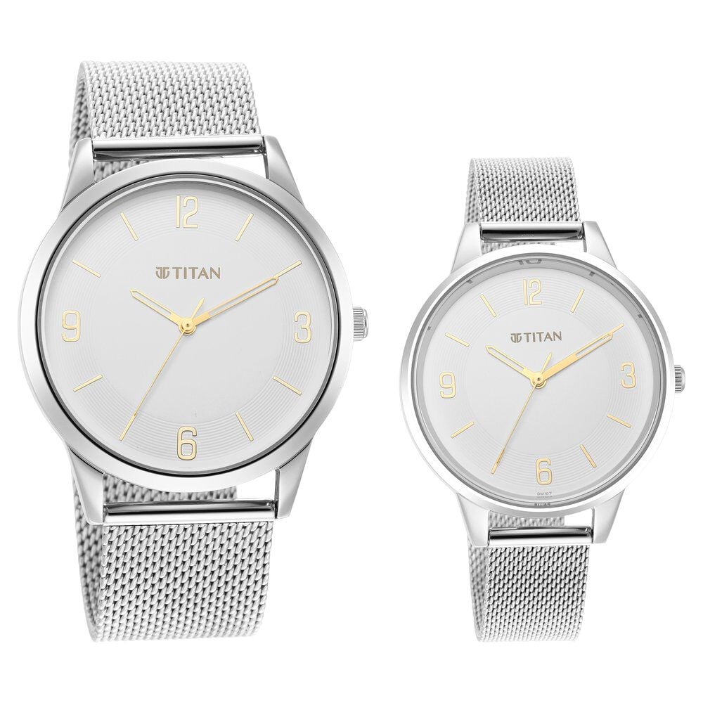 Titan Quartz Analog White Dial Stainless Steel Strap Watch for Couple