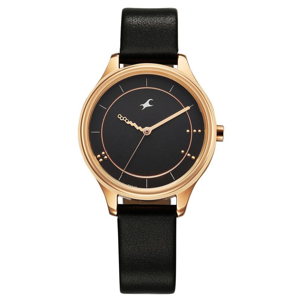 Fastrack Stunners Quartz Analog Black Dial Black Leather Strap Watch For Girls
