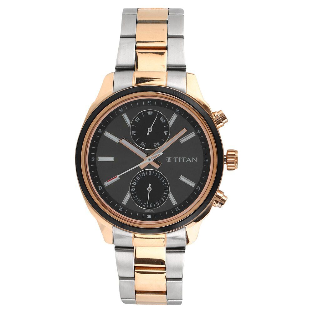 [1733km03] Titan Men's Metropolitan Luxe: Multifunction Black Dial with Two-Tone Stainless Steel Bracelet Watch
