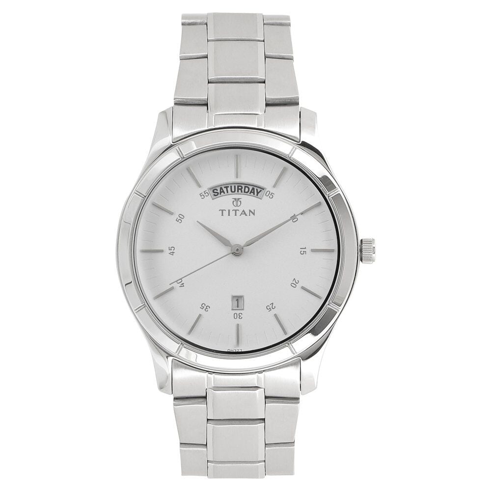 [1767SM01] Titan Workwear White Dial Analog with Day and Date Stainless Steel Strap watch for Men