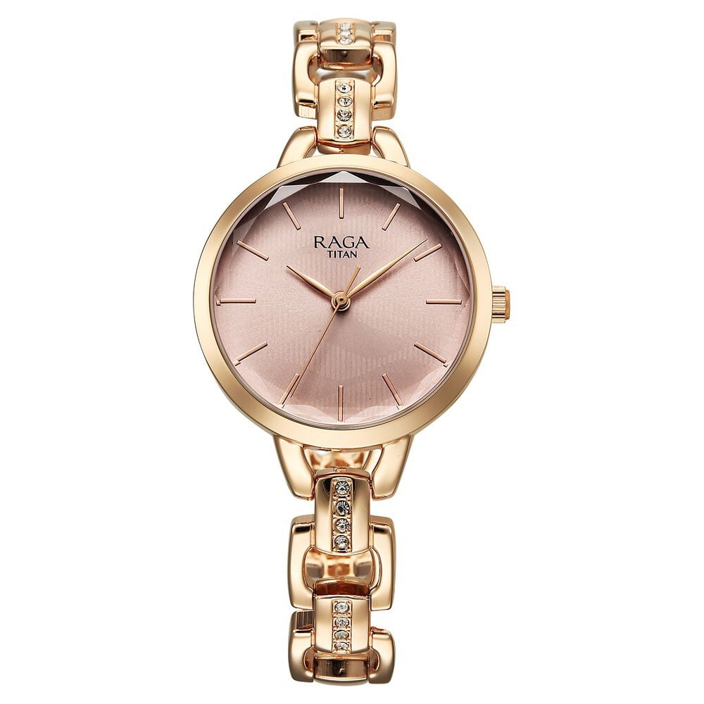[95352wm01] Titan Raga Showstopper Quartz Analog Rose Gold Dial Metal Strap Watch For Women