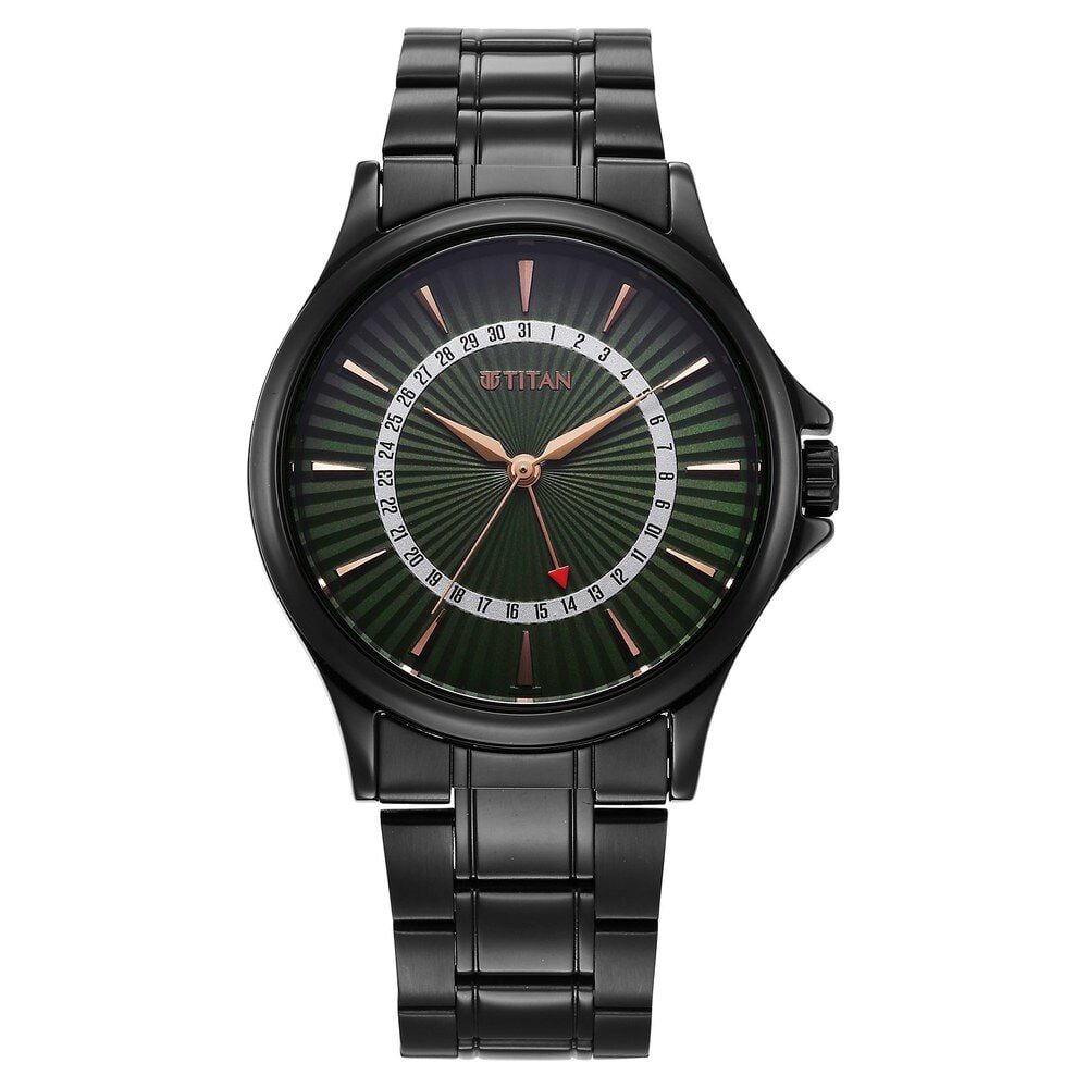 [10038NM01] Titan Karishma Quartz Analog with Date Green Dial Stainless Steel Strap Watch For Men