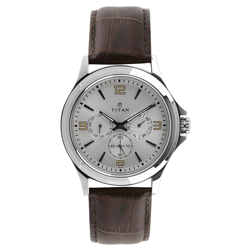 [1698SL01] Titan Quartz Multifunction Silver Dial Leather Strap Watch for Men