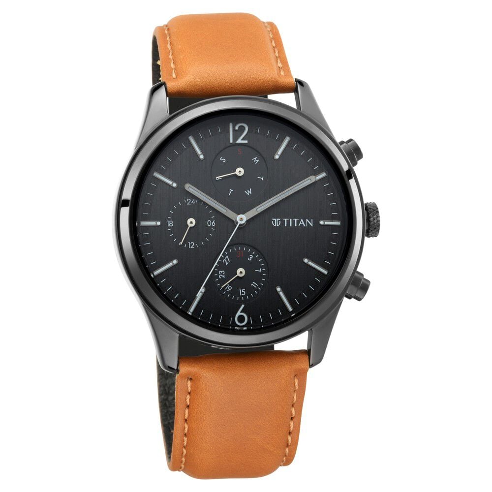 [1805NL02] Titan Men's Metropolitan Charm: Men's Multifunctional Black Watch with Leather Strap