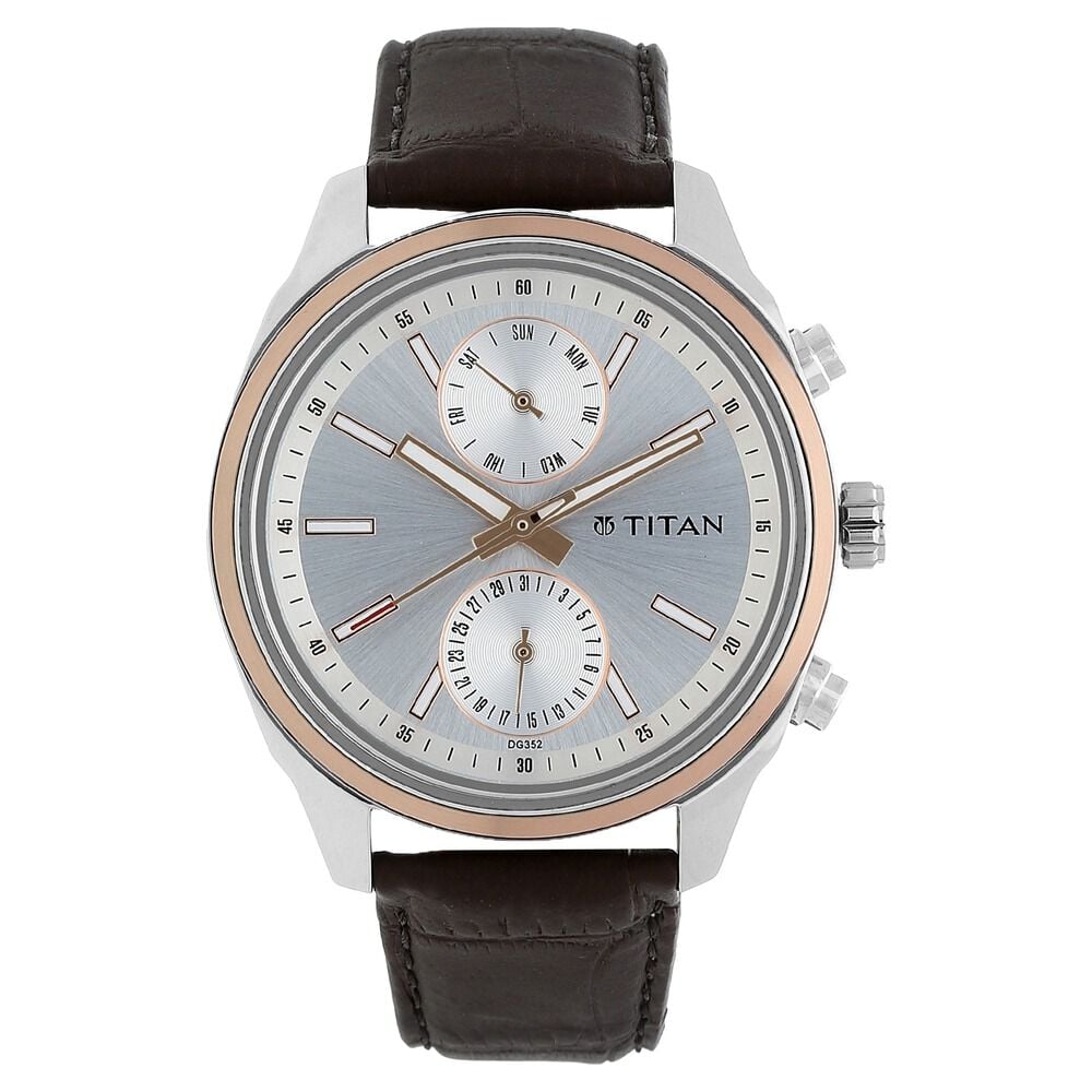 [1733KL02] Titan Quartz Multifunction Silver Dial Leather Strap Watch for Men