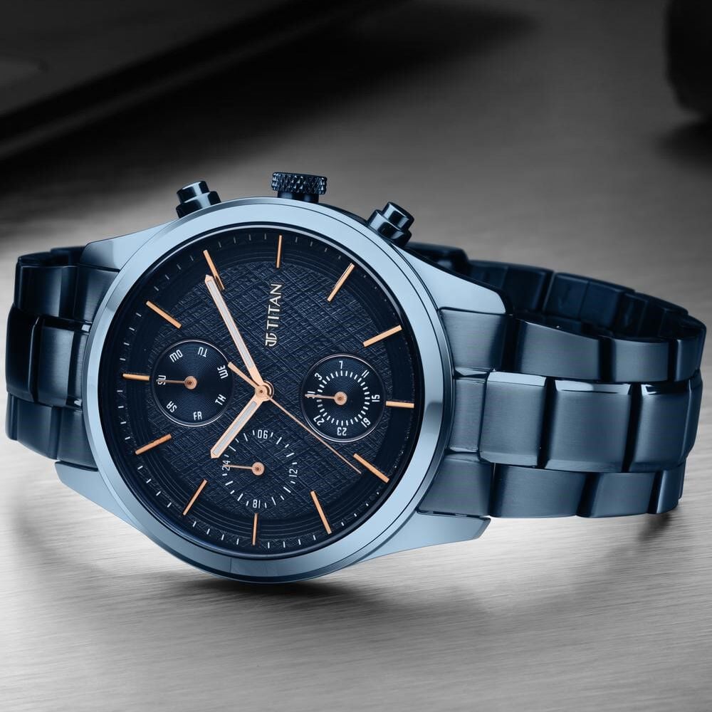 [1805QM01] Titan Neo Splash Blue Dial Quartz Multifunction Stainless Steel Strap watch for Men