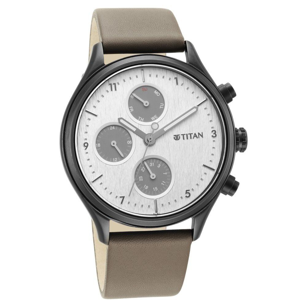 [1803NL02] Titan Neo Silver Quartz Multifunction Leather Strap Watch for Men