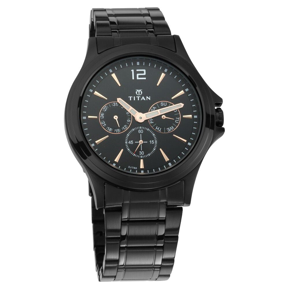 [1698NM01] Titan Quartz Multifunction Black Dial Stainless Steel Strap Watch for Men