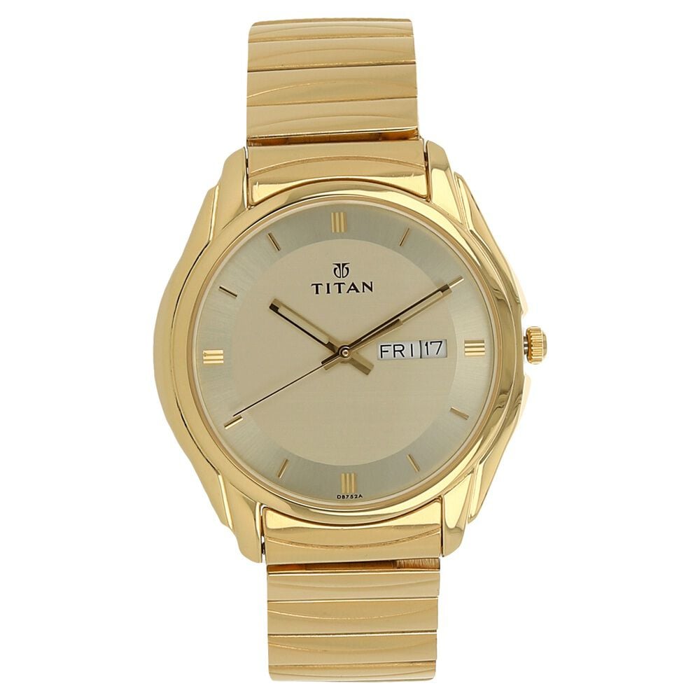 [1578ym05] Titan 1578YM05 Quartz Analog with Day and Date Champagne Dial Golden Stainless Steel Strap Watch For Men