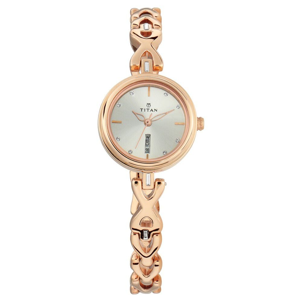 [2601wm01] Titan Quartz Analog with Day and Date Silver Dial Metal Strap Watch for Women