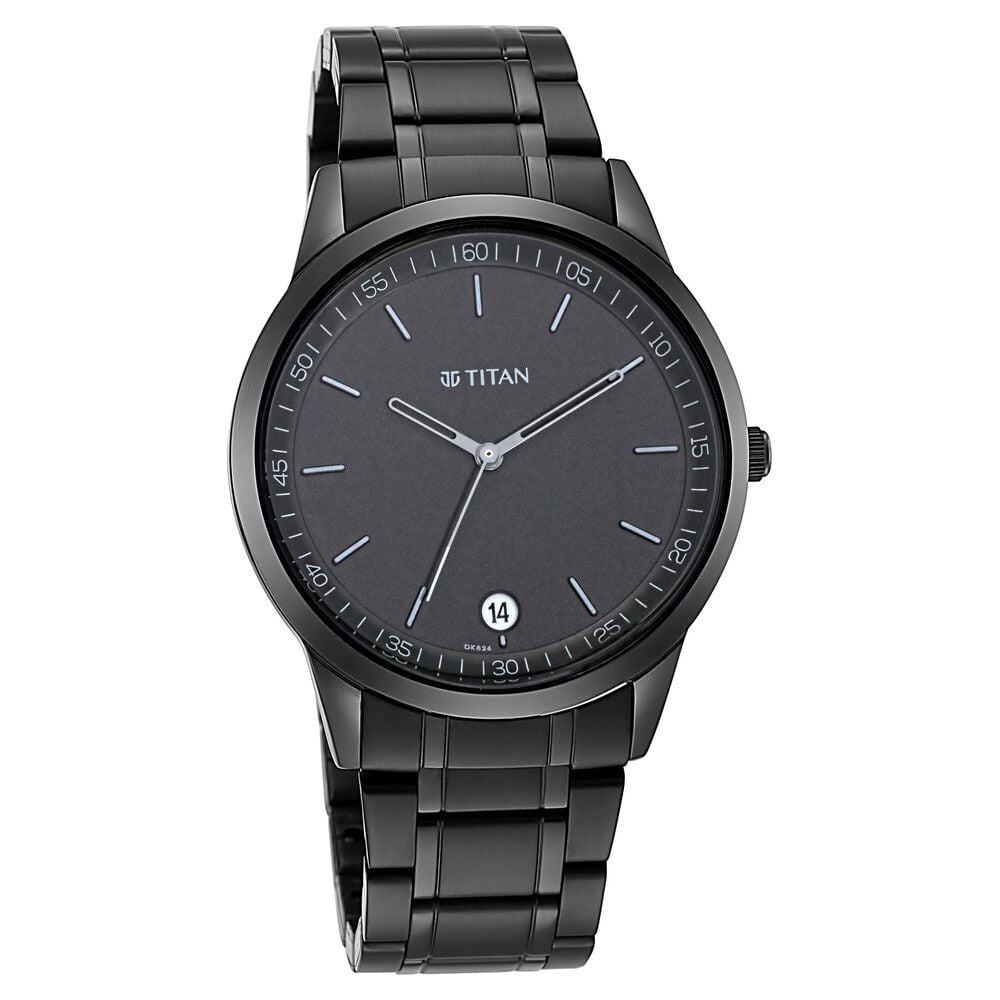[1806nm01] Titan Minimals Quartz Analog with Date Black Dial Black Metal Strap Watch For Men