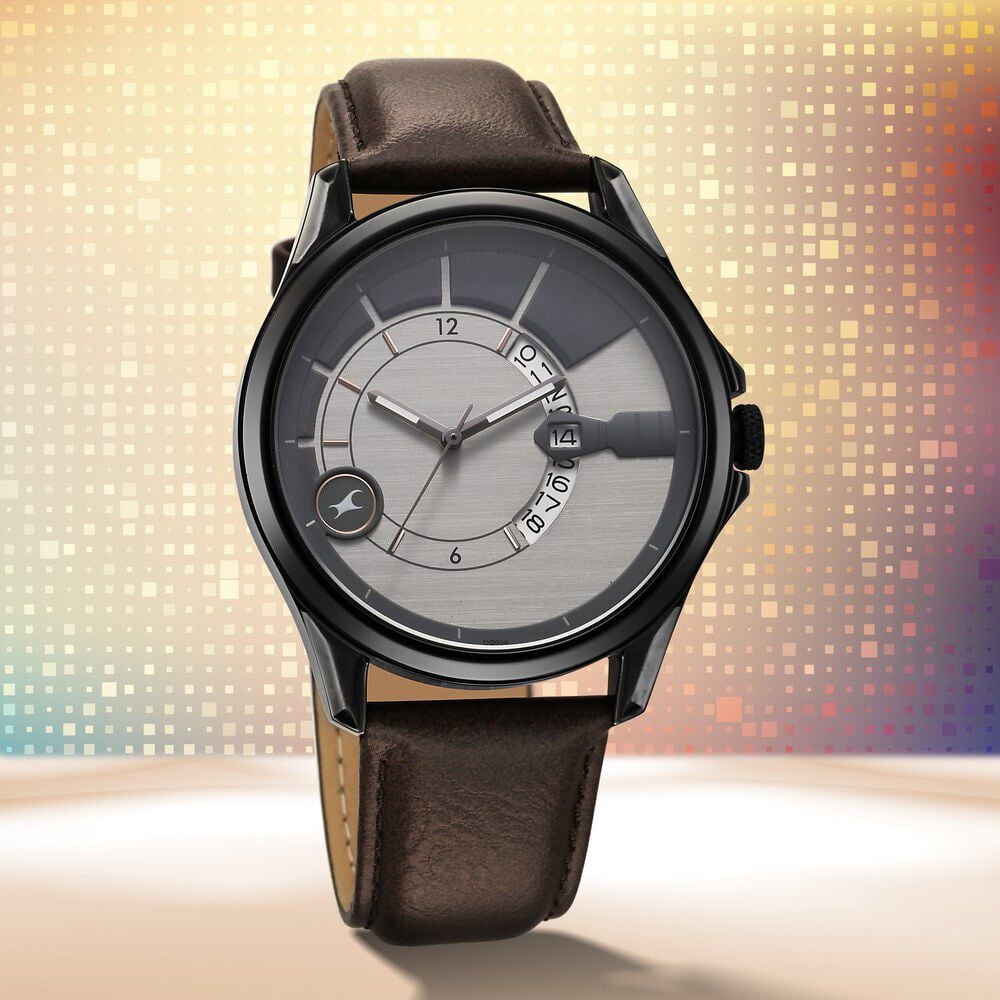 [3323QL01] Fastrack Groove Quartz Analog with Date Two Toned Dial Brown Leather Strap Watch For Guys