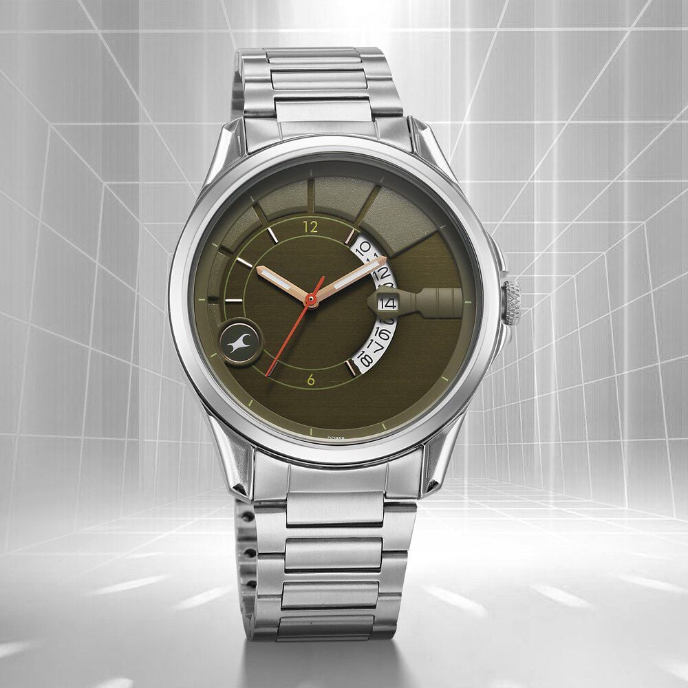 [3323sm01] Fastrack Groove Quartz Analog with Date Green Dial Silver Stainless Steel Strap Watch For Guys
