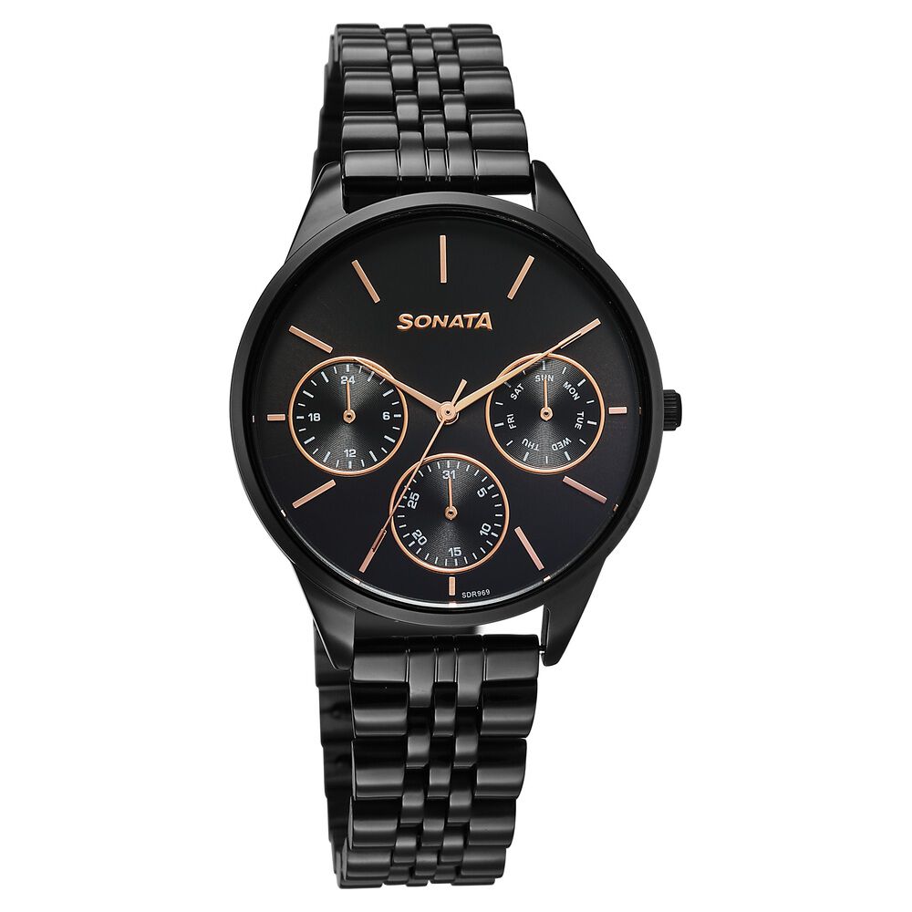 Sonata Eternia Quartz Multifunction Black Dial Metal Strap Watch For Women