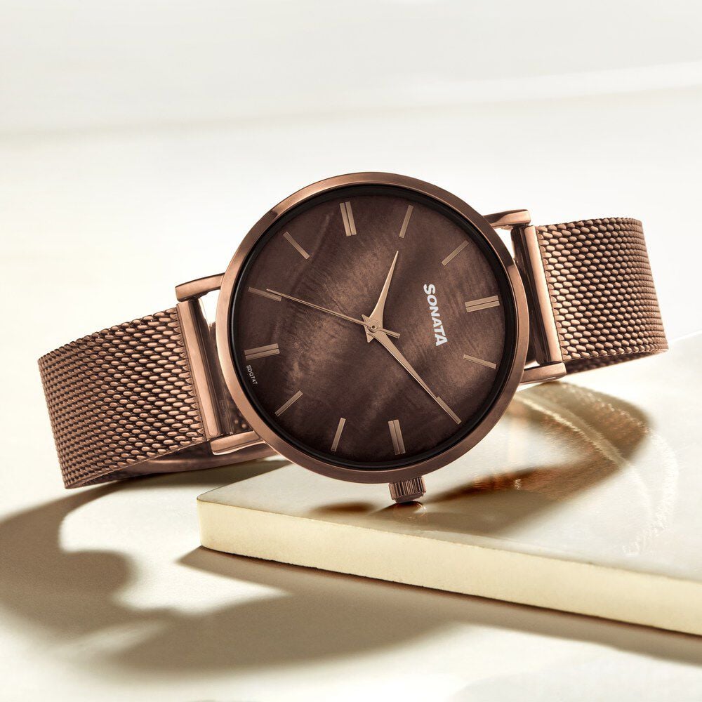 [87067qm01] Sonata Quartz Analog Brown Dial Brown Stainless Steel Strap Watch For Women