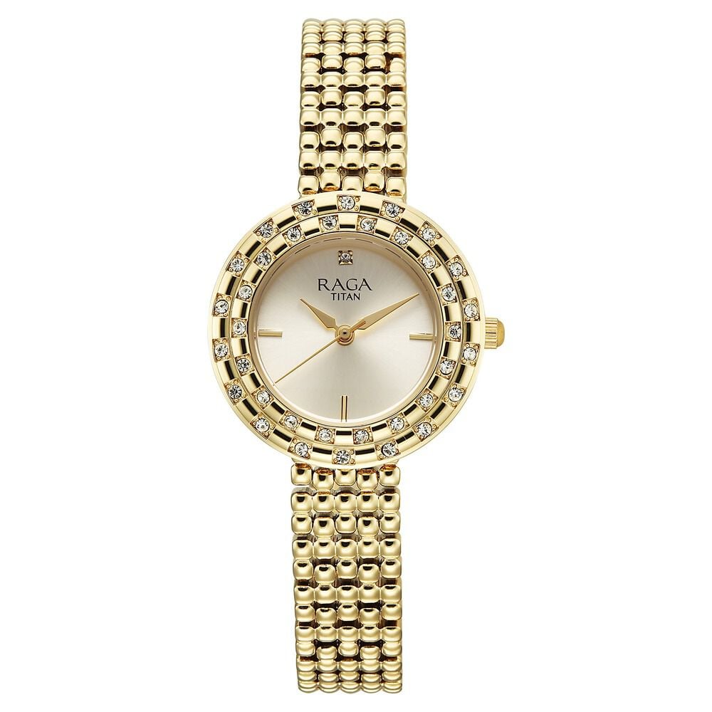 [95350YM01] Titan Raga Showstopper Quartz Analog Champagne Dial Metal Strap Watch For Women