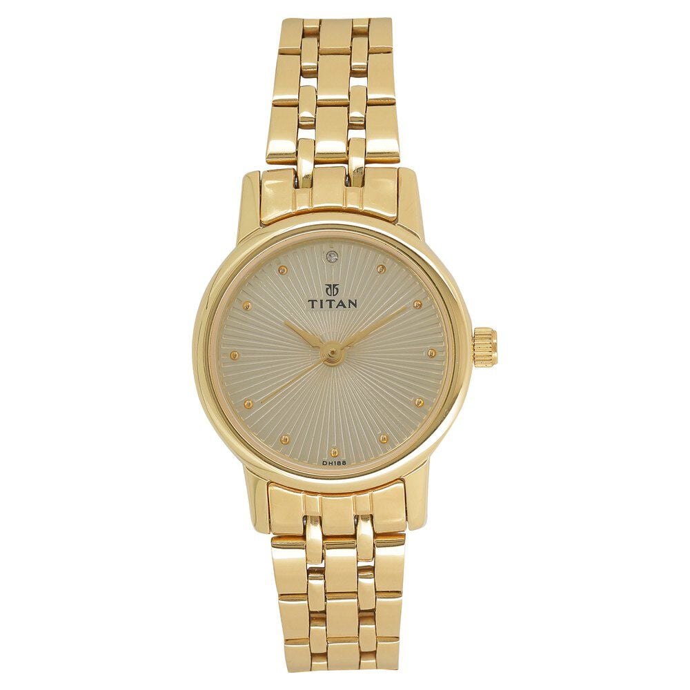 [2593YM01] Titan Quartz Analog Champagne Round Dial Golden Stainless Steel Strap Watch For Women